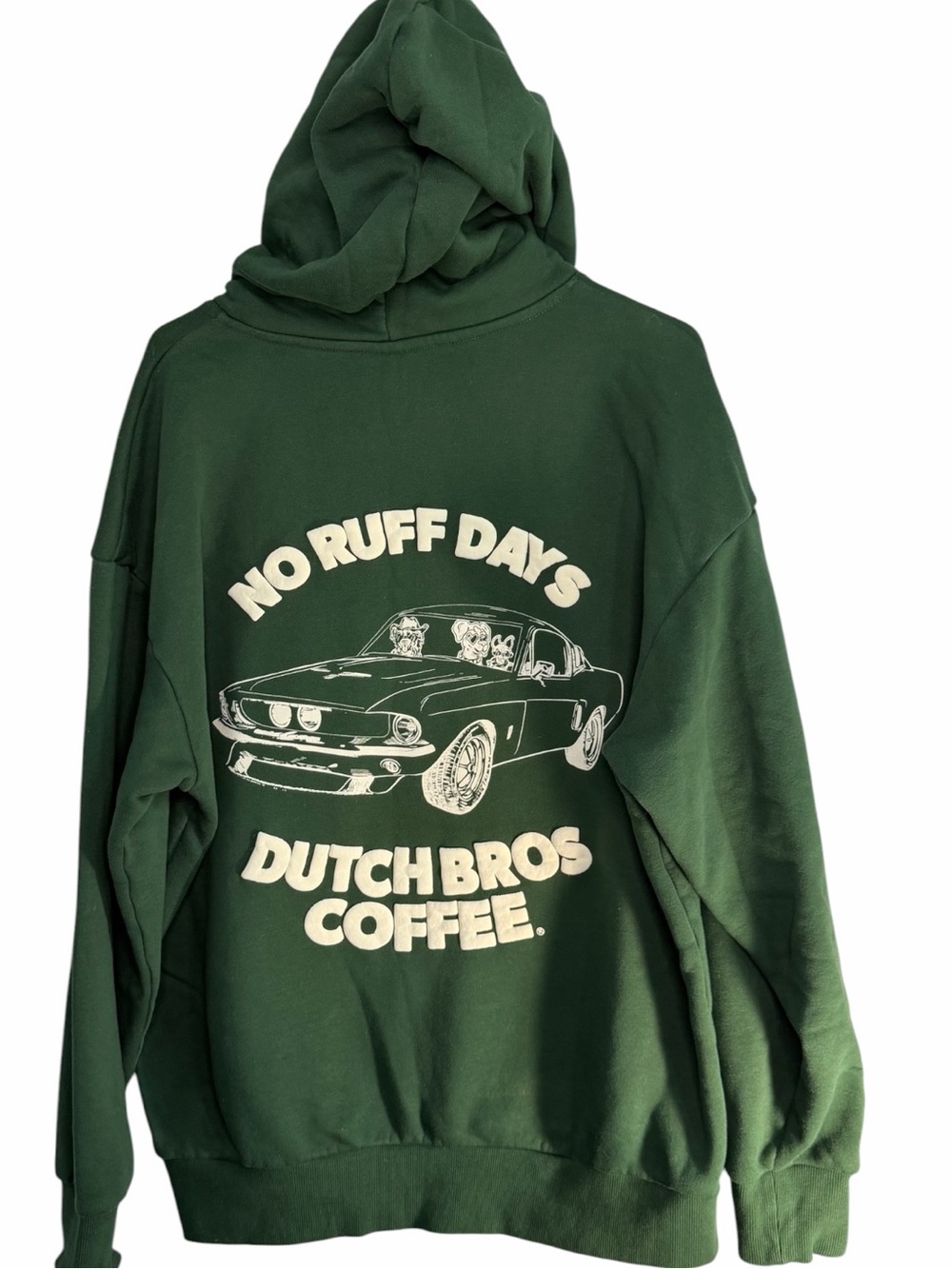 Dutch Bros MEDIUM Oversized Green Hoodie “No Ruff Days” Dogs Car Keys DB 1992